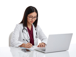 Asian female doctor working, laptop and notepad on white surface,isolated transparent background