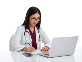 Asian female doctor working, laptop and notepad on white surface,isolated transparent background