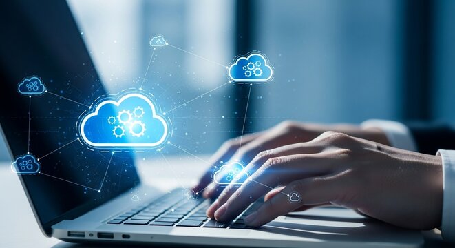 Hands working on laptop with cloud computing concept, data storage and modern technology