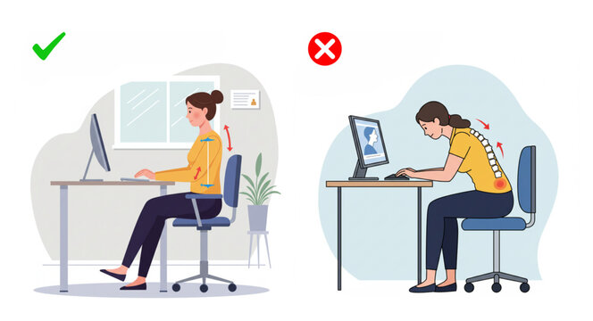 Correct and incorrect sitting posture at desk, woman working on computer, good vs bad ergonomic position, spine health, back pain prevention, office syndrome concept