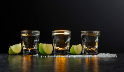 Tequila with lime and salt on a stone table.