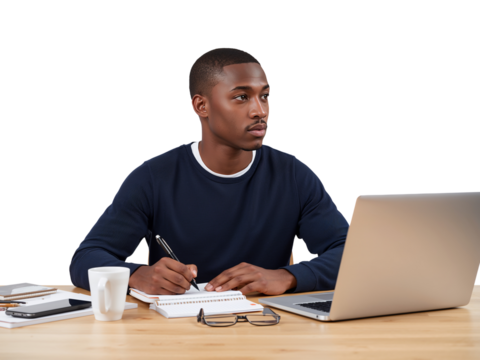 Focused young professional working at a desk with laptop and notepad on isolated seamless background