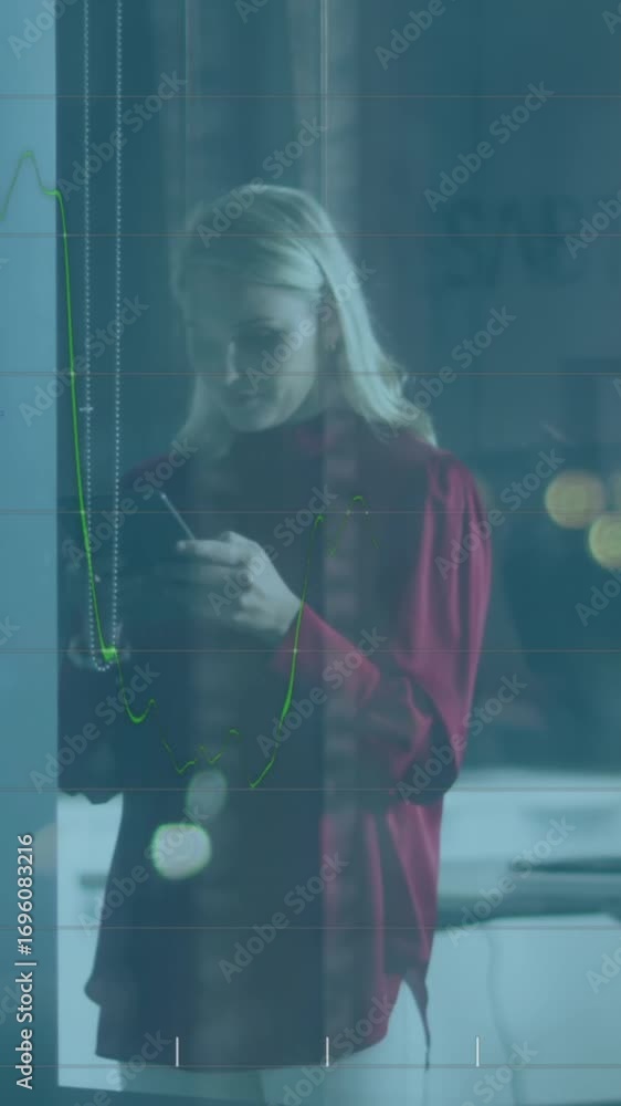Aufkleber animation of statistics and data processing over caucasian businesswoman using smartphone