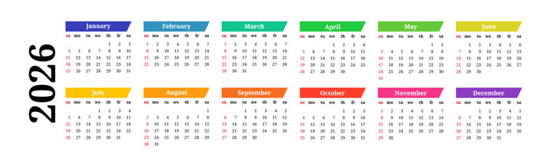 Calendar for 2026 isolated on a white background