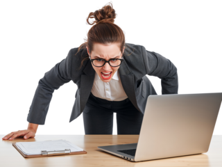 Furious professional woman confronting technology with vehement expression of frustration and