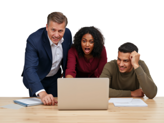 Diverse colleagues reacting with intense emotion to news displayed on a laptop screen