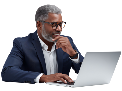 Mature businessman working on laptop with thoughtful expression on transparent layout