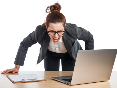 Furious professional woman confronting technology with vehement expression of frustration and