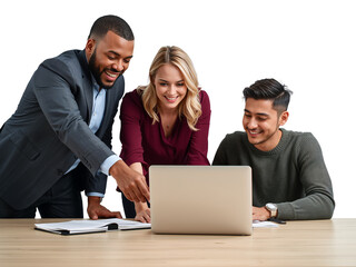 Enthusiastic diverse team collaborating on a laptop, sharing ideas in a bright and modern office
