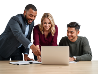 Enthusiastic diverse team collaborating on a laptop, sharing ideas in a bright and modern office