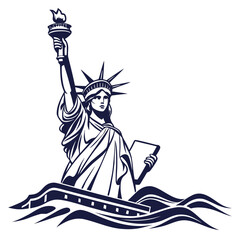 Iconic statue of liberty silhouette emerging from stylized ocean waves in a classic navy blue graphic © md razab 1122