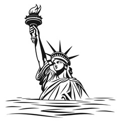 Obraz premium Iconic statue of liberty silhouette rising from stylized water with torch held high