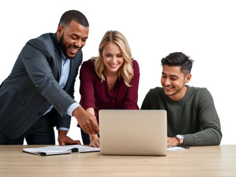 Enthusiastic diverse team collaborating on a laptop, sharing ideas in a bright and modern office
