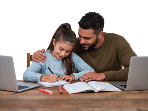 Loving father helping daughter with her homework and online education at home on a wooden table - Powered by Adobe