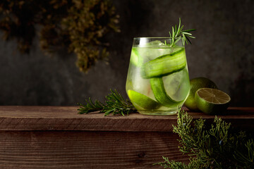 Refreshing hard seltzer with ice, lime, cucumber, and rosemary.