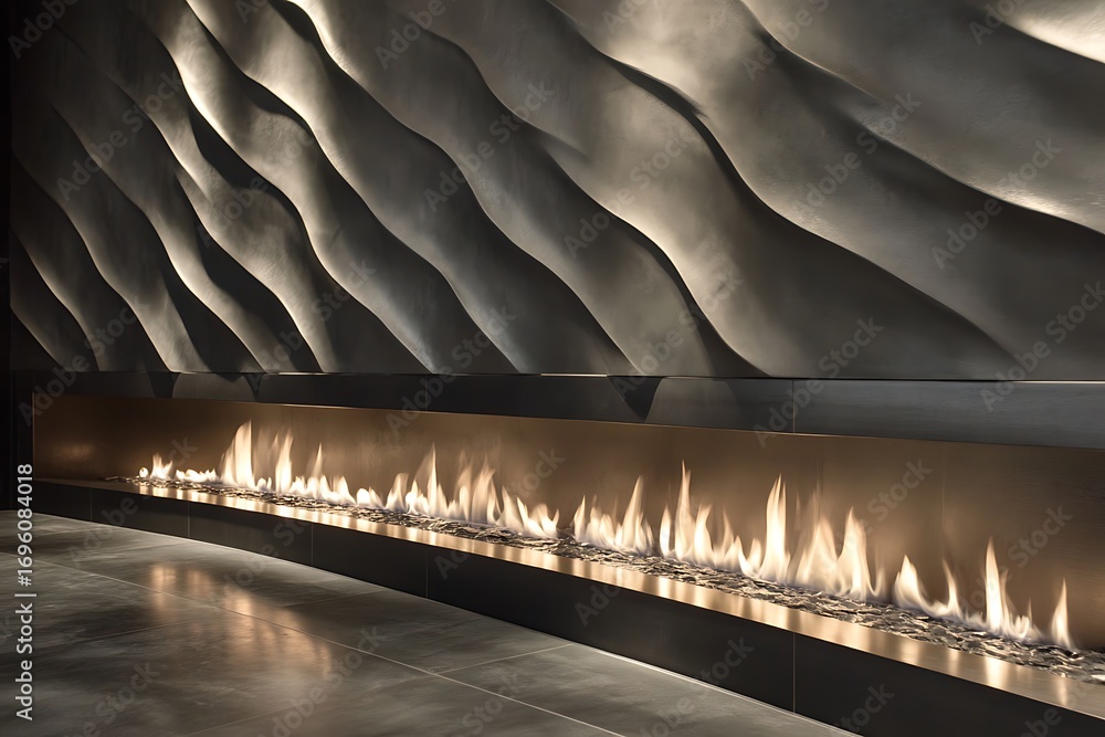 Poster zigzag wall fireplace design with fire strips running in a diagonal pattern on a sculpted surface