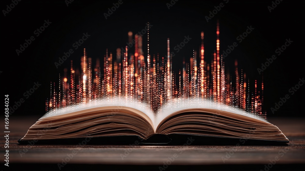 Poster an opened book with shining lights emanating from its pages, evoking imagination and knowledge, set 