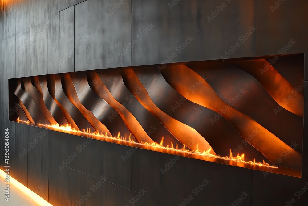 Poster zigzag wall fireplace design with fire strips running in a diagonal pattern on a sculpted surface