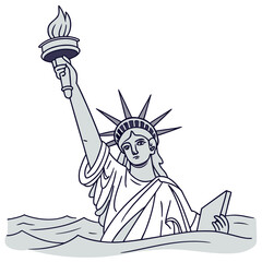 Stylized illustration of the statue of liberty emerging from choppy water with torch held high