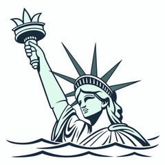 Stylized illustration of the statue of liberty emerging from stylized ocean waves holding torch aloft