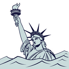 Stylized illustration of the statue of liberty emerging from stylized blue waves against a white background