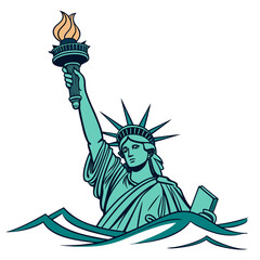 Stylized illustration of the statue of liberty emerging from stylized ocean waves with torch held high