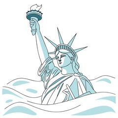 Stylized illustration of the statue of liberty emerging from stylized waves against a white background