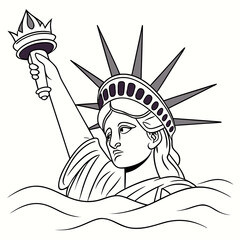 Stylized illustration of the statue of liberty emerging from stylized waves in a minimalist line art style