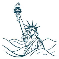 Stylized illustration of the statue of liberty emerging from stylized waves in a dark teal outline