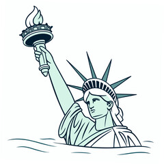 Stylized illustration of the statue of liberty emerging from stylized water with a torch held high