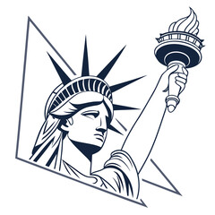 Stylized illustration of the statue of liberty holding a torch against a geometric triangle background