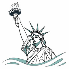 Stylized illustration of the statue of liberty holding a torch above stylized waves against a white background