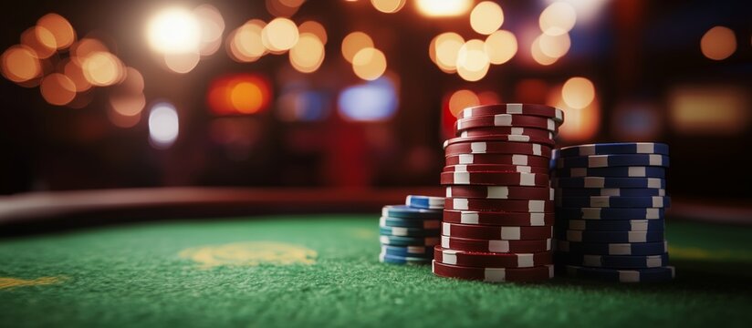 Colorful Poker Chips Stacked on a Table During an Evening Card Game Gathering.