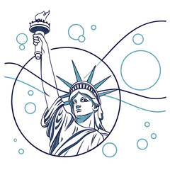 Stylized line art of the statue of liberty with abstract circular and wavy design elements
