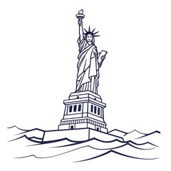 Stylized outline drawing of the statue of liberty standing tall amidst stylized waves