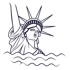 Stylized outline illustration of the statue of liberty emerging from stylized waves in a minimalist design
