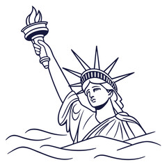 Stylized outline illustration of the statue of liberty emerging from stylized waves against a white background