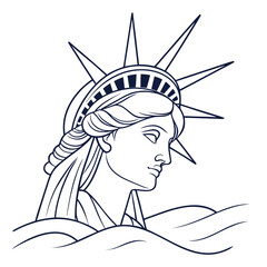 Stylized outline illustration of the statue of liberty head and crown against a white background