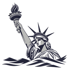 Stylized statue of liberty emerging from dark waves with torch held high