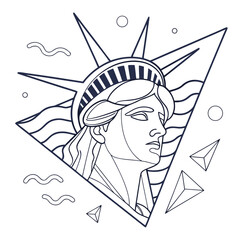Stylized outline illustration of the statue of liberty s face within a triangle with abstract shapes