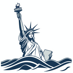 Stylized statue of liberty emerging from stylized waves against a white background