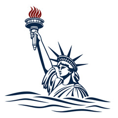 Stylized statue of liberty holding torch above wavy water in patriotic colors