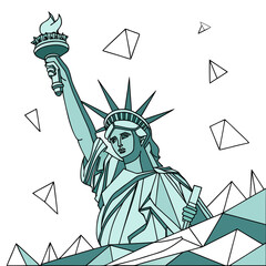 Stylized statue of liberty in geometric low poly style with abstract triangular shapes floating