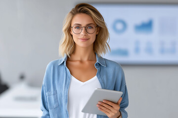 Professional woman engaging with large screen display in modern office environment