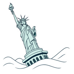 Stylized statue of liberty leaning precariously in wavy water with torch held high