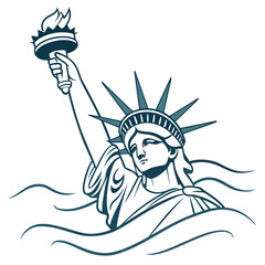 Stylized statue of liberty emerging from stylized waves holding torch high in the air