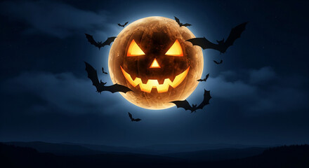 Full moon shaped like glowing pumpkin, surreal Halloween advertising background