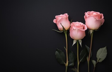 Three Pink Roses Arranged Elegantly Against a Dark Backdrop for a Striking Visual Display