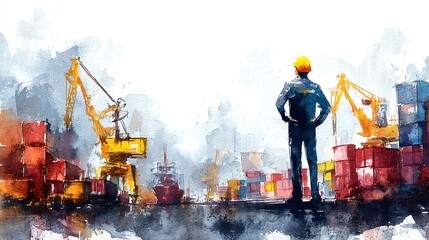 Dockworker overseeing port operations with cranes and cargo containers, rendered in watercolor style. Industrial scene. Overseeing operations, hard hat.