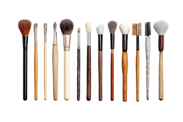 A horizontal row of various makeup brushes.  Different sized, shaped, and colored brush heads on wooden or dark handles.  Professional makeup tools